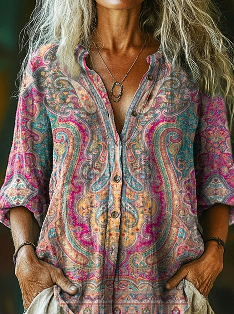 Women's National Totem Art Print Casual Cotton Linen Shirt