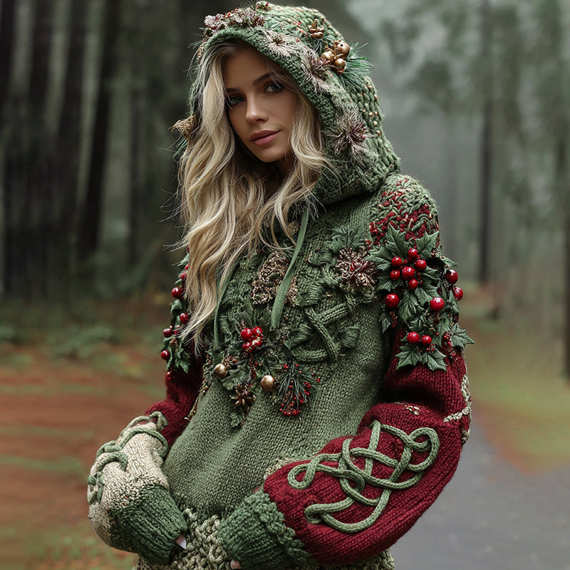 Women's Christmas Holly Leaf And Berry Celtic Knot Hooded Sweater artswardrobe