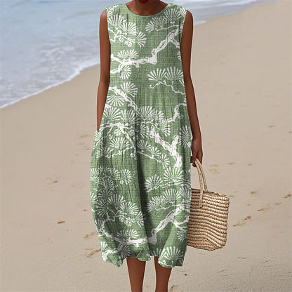 Comstylish Pine Trees Japanese Lino Pattern Flowy Linen Tank Dress
