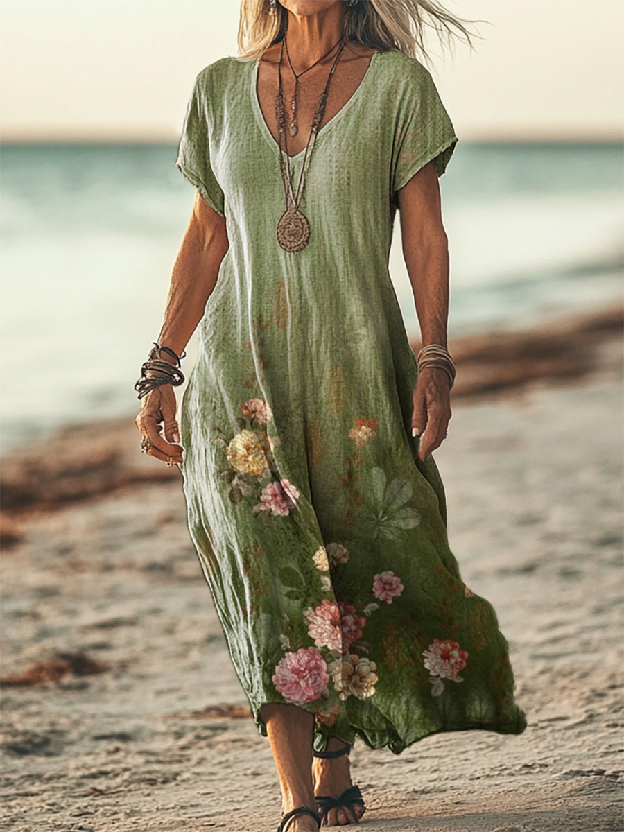 Women's Floral Pattern Printed Short Sleeve Pocket Cotton Linen Dress