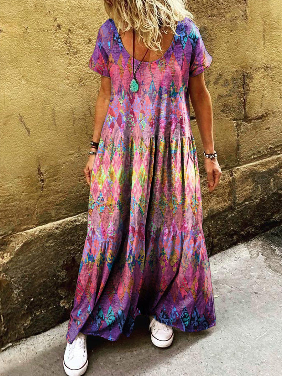 Women's Retro Bohemian Ethnic Collage Art Print Pocket Short Sleeve Co