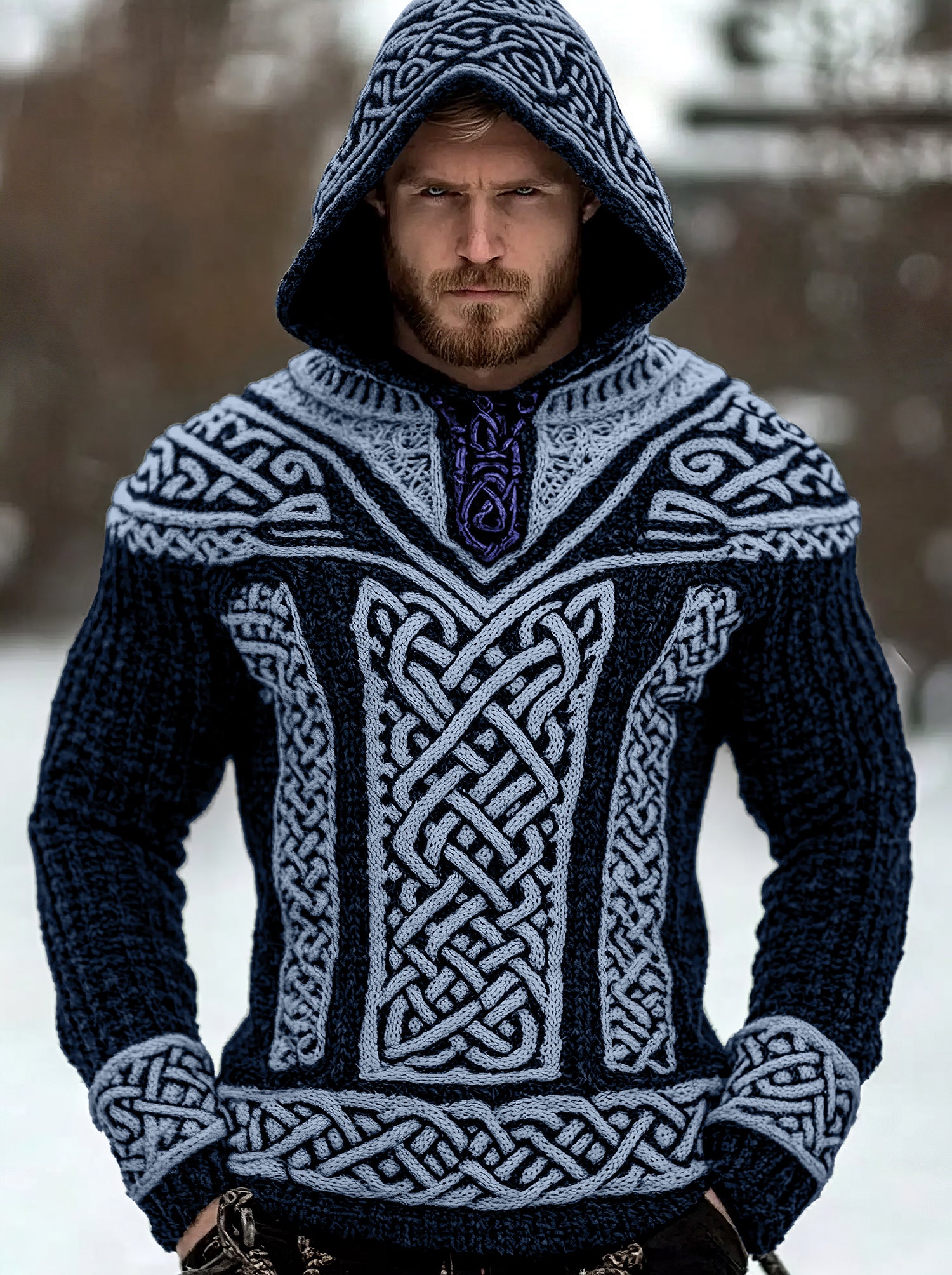 Men's Viking Tribal Jacquard Celtic Hooded Sweater elevenforest