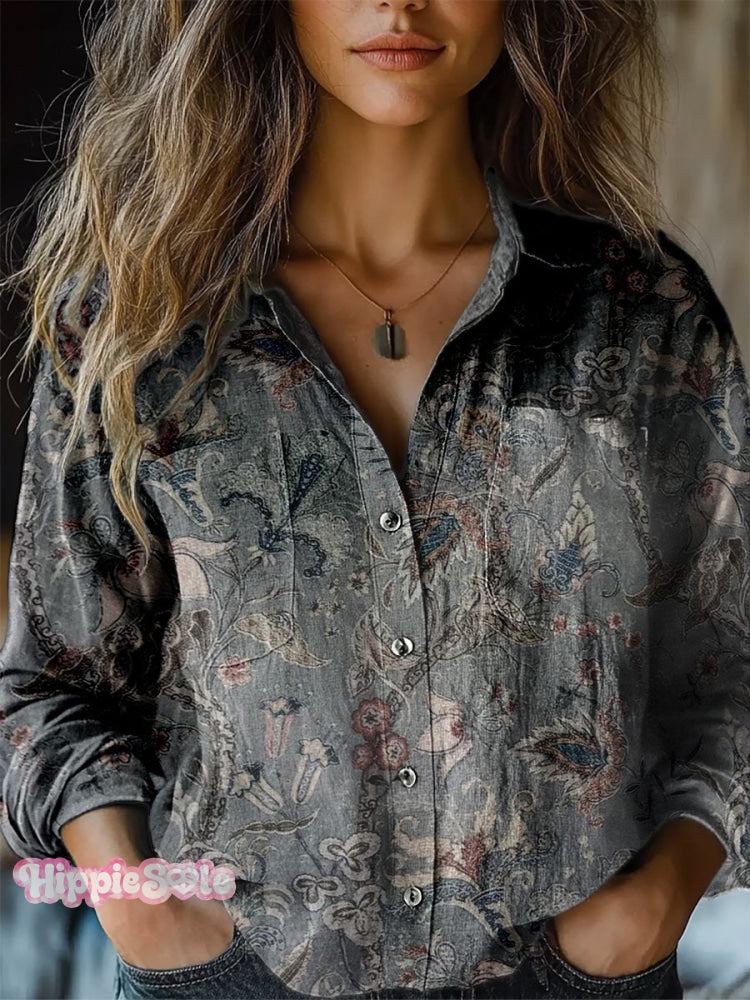 Women's Retro Floral Pattern Print Casual Long Sleeve Comfortable Cott