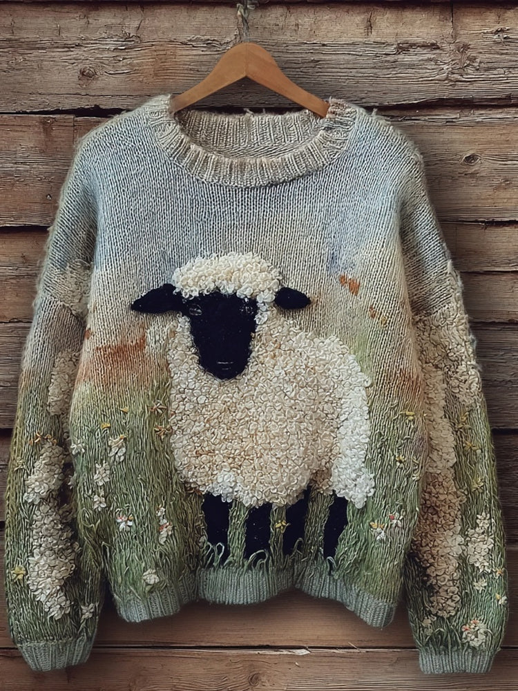 Lovely Fuzzy Blacknose Sheep  Embroidered Cozy Knit Sweater artswardrobe