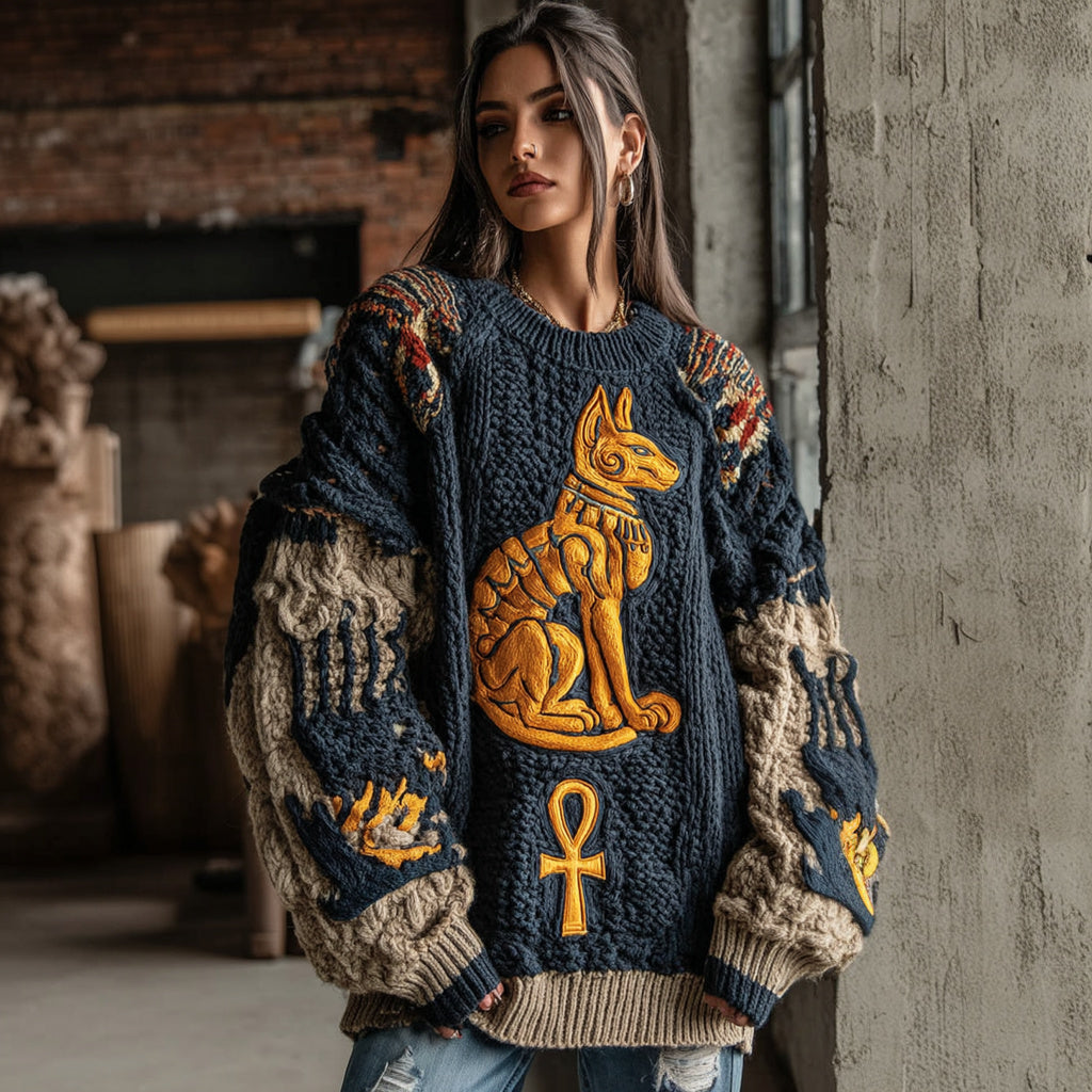 Women's Vintage Ancient Egyptian Ankh Cat Pattern Knit Pullover Sweater artswardrobe