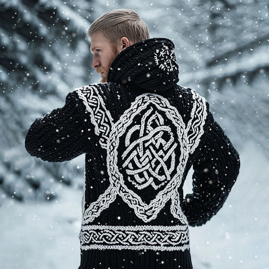 Men's Viking Tribal Jacquard Celtic Inspired Chunky Knit Hooded Sweater elevenforest