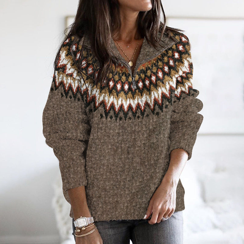 Retro Wave Contrast Pattern Zip-Up Sweater elevenforest