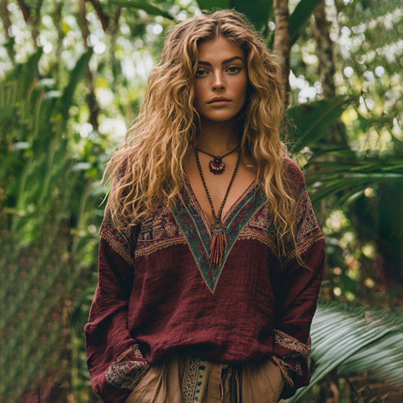 Comstylish Retro Boho Tribal Embroidery Print Cotton And Linen Blend Loose Blouse