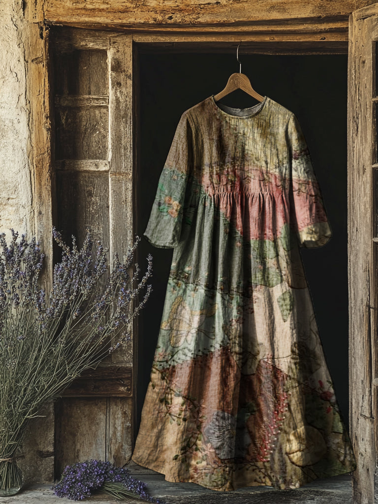 Women's Vintage Patchwork Art Print Flowy Cotton Crew Neck Dress