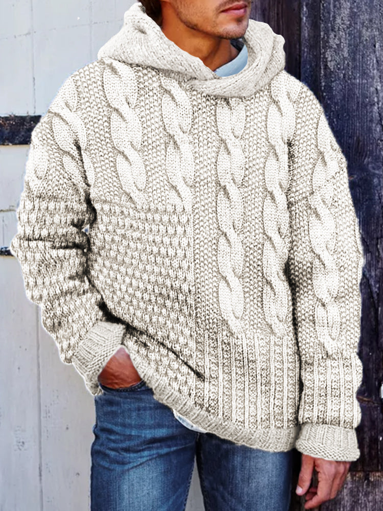 Men's Vintage Retro Patchwork Cable Knit Hooded Sweater elevenforest