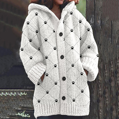 Comstylish Dog Paw Print Long Sleeve Knitted Hooded Cardigan