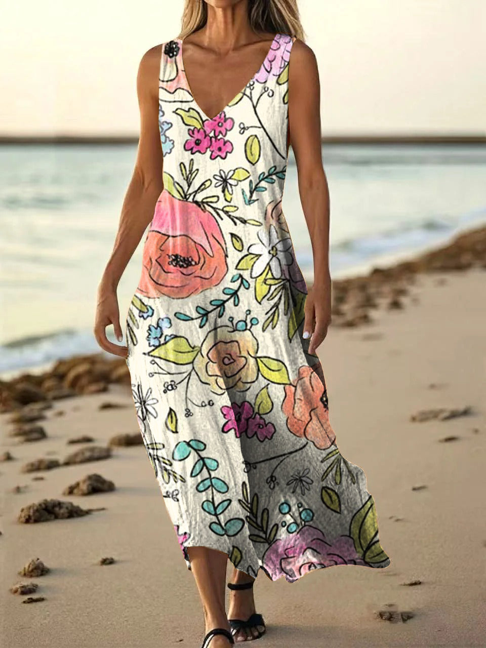 Women's Floral Case Art Print Pocket Cotton Dress