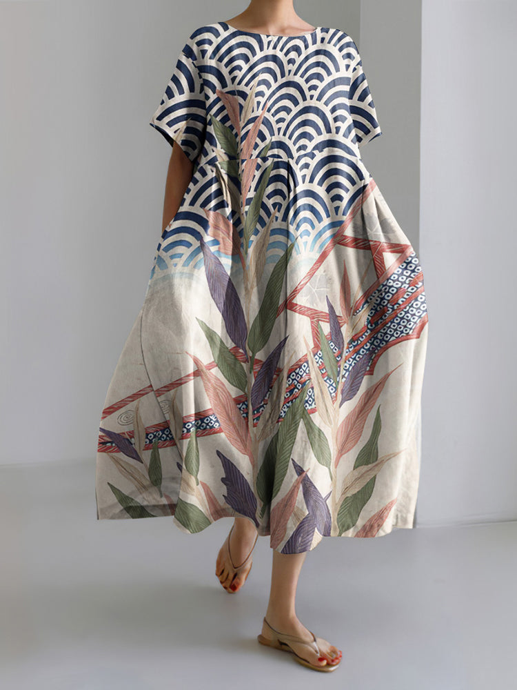 Japanese Art Print Round Neck Short Sleeve Midi Dress