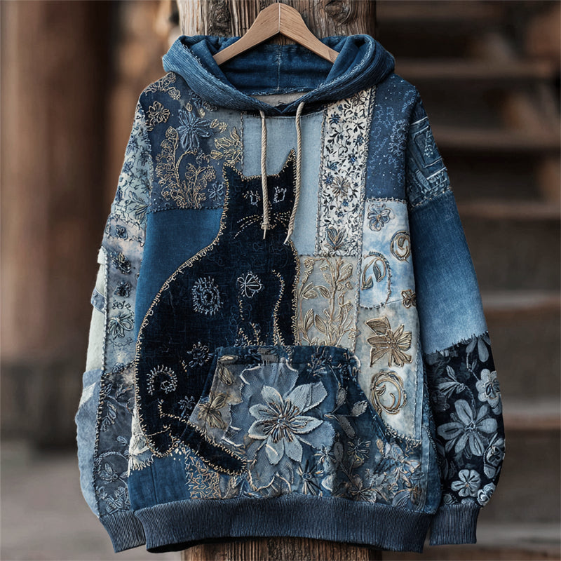 Comstylish Lovely Cat Boho Floral Lace Patchwork Hoodie