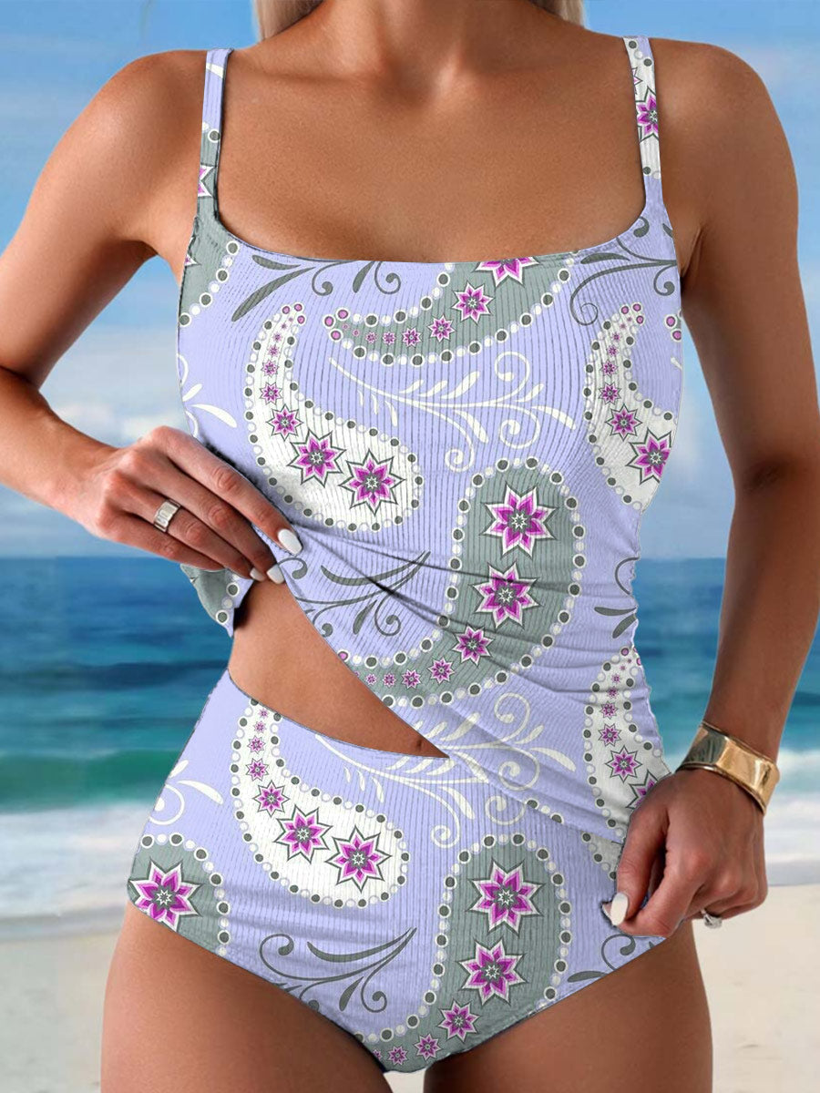 Women's Bohemia Floral Print Summer Beach Halter Top And Triangle Briefs Tankini Set