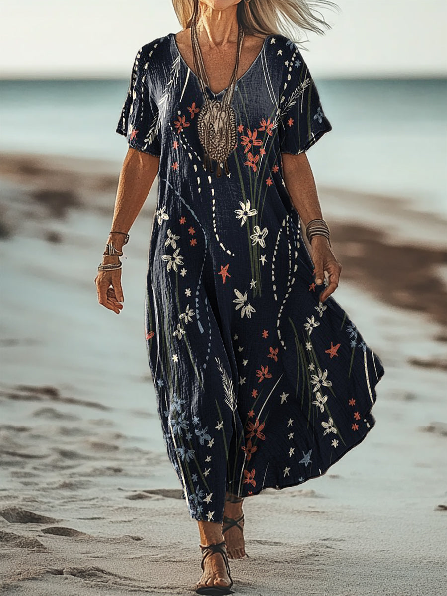 Women's Simple Floral Art Patterns Print Short Sleeve Pocket Cotton Li