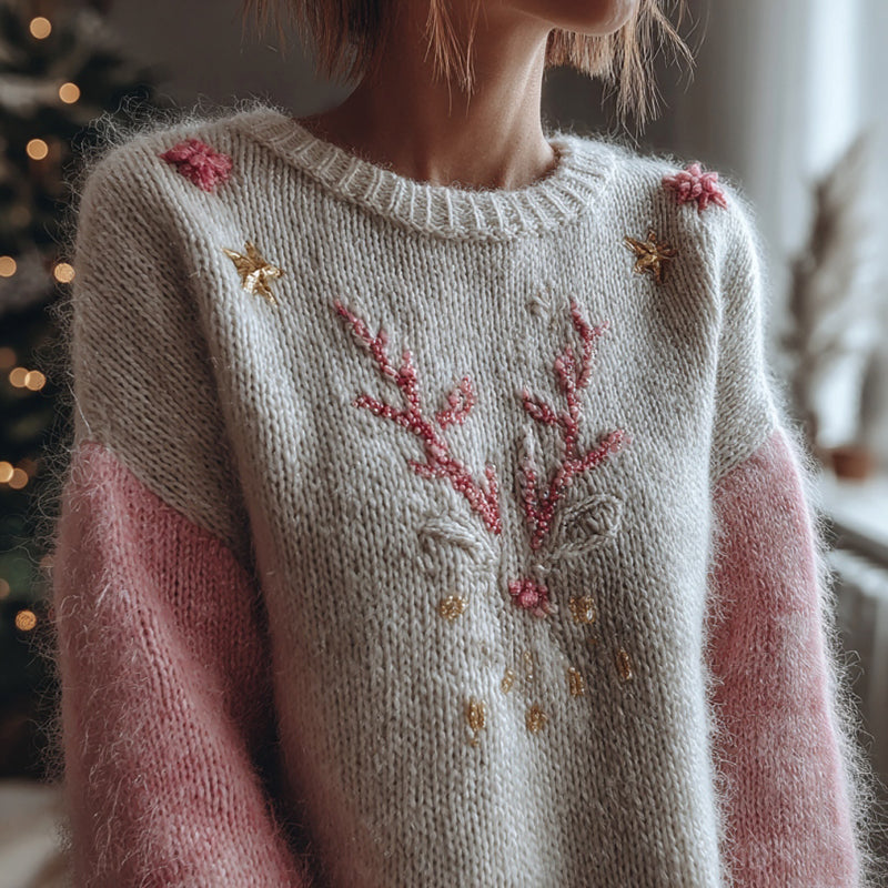 Women's Christmas Elk Embroidered Cozy Knit Sweater artswardrobe