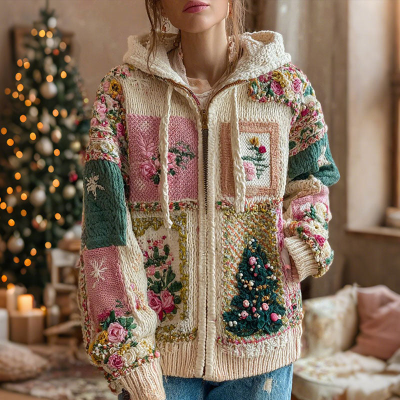 Women's Christmas Tree And Rose Pattern Knitted Zip-up Hooded Sweater artswardrobe