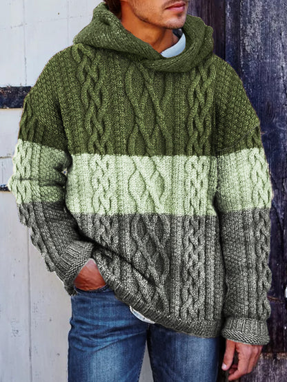Men's Retro Colorblock Celtic Cable Knit Cozy Hooded Sweater elevenforest