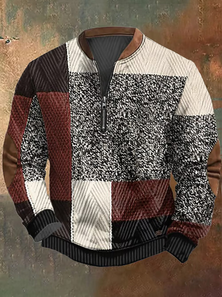 Men's Retro Western Textured Print Zip Collar Sweatshirt elevenforest