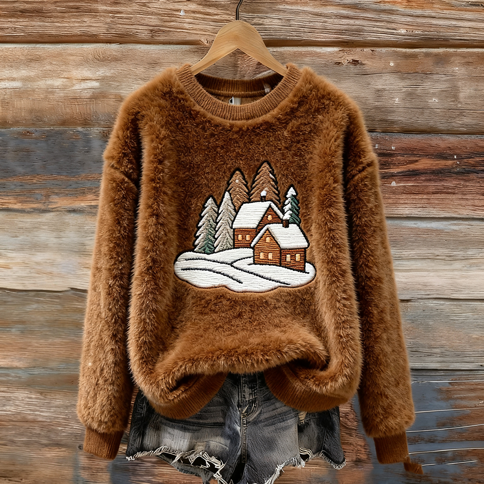 Lady Christmas Winter Warmth Round Neck Flannel Sweatshirt