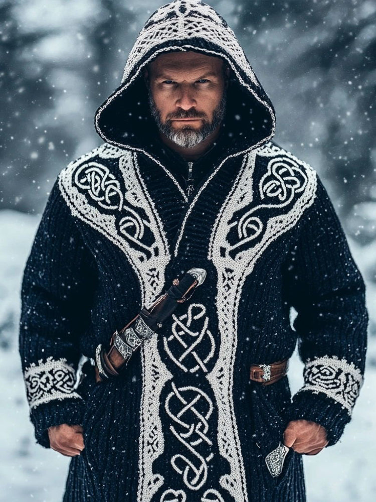 Men's Vintage Viking Style Jacquard Knit Hooded Cardigan artswardrobe