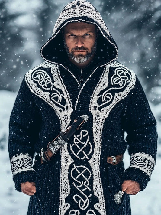 Men's Vintage Viking Style Jacquard Knit Hooded Cardigan artswardrobe