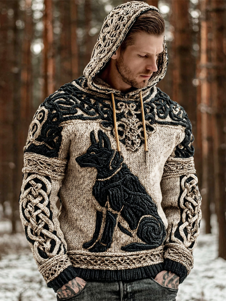 Vintage Celtic Mythology Hellhound Men's Hooded Knit Sweater artswardrobe