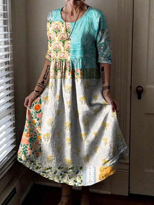 Women's Vintage Floral Patchwork Art Print Pocket Cotton Dress