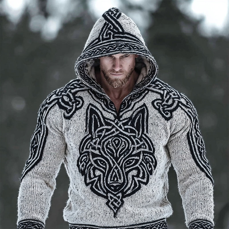 Men's Viking Wolf Inspired Celtic Cozy Knit Hooded Sweater artswardrobe
