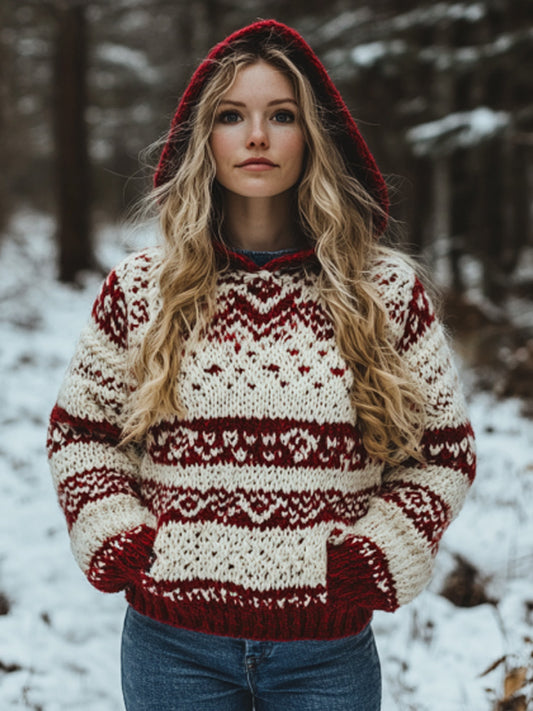 Women's Vintage Viking Valentine's Day Love Jacquard Hooded Sweater artswardrobe