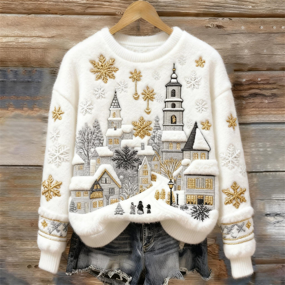 Comstylish Christmas Snow Scene Embroidery Women's Cozy Plush Sweater
