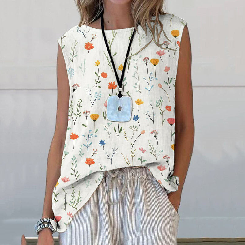 Vintage Floral Art Printed Casual Sleeveless Top