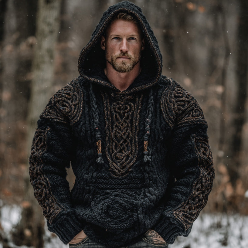 Men's Viking Celtic Knot Jacquard Knitted Hooded Sweater elevenforest