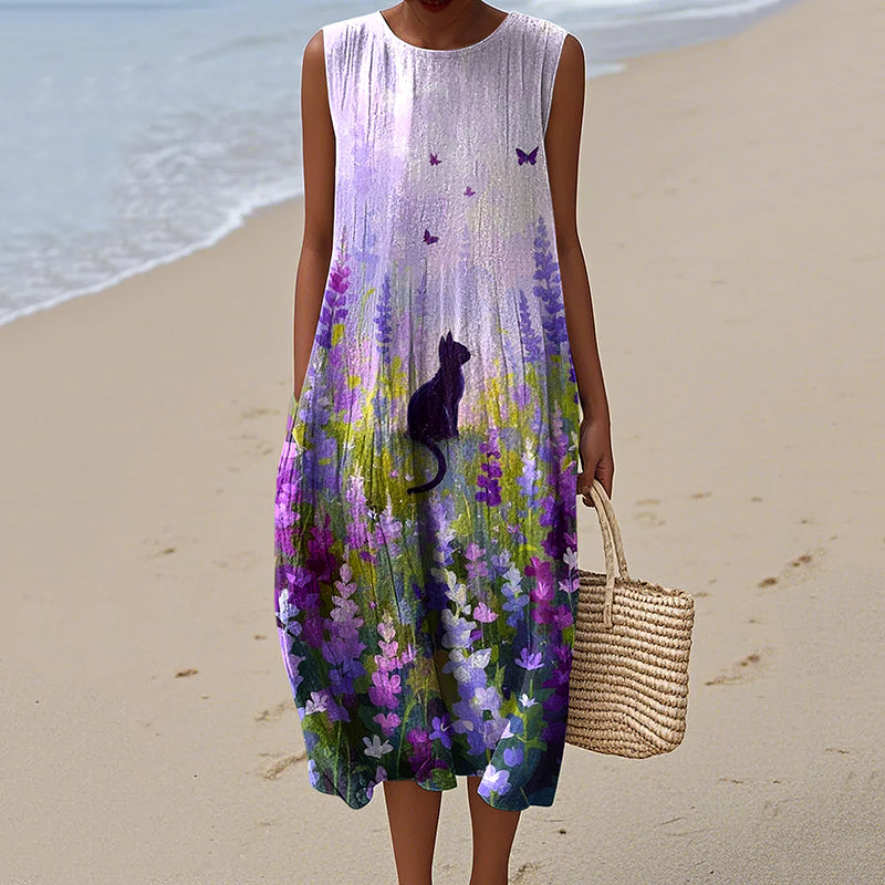 Women's Retro Purple Flowers Cat Art Linen Tank Dress elevenforest
