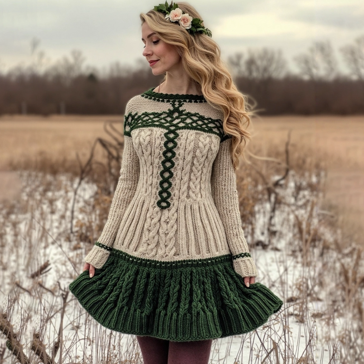 Women's Irish Celtic Knot Crew Neck Cozy Sweater Dress artswardrobe