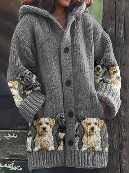 Comstylish Vintage Cute Dogs Art Print Cozy Button Sweater