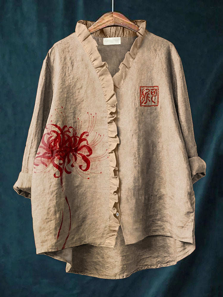 Japanese Art Floral Print Linen Blend Ruffled Shirt artswardrobe