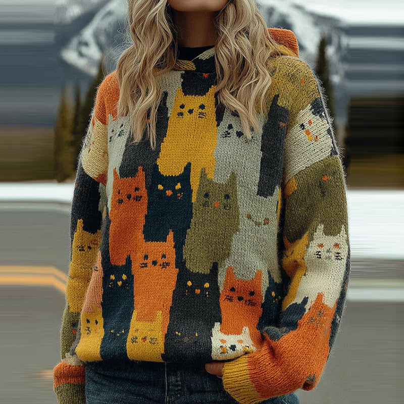 Cute Colorful Cats Pattern Art Cozy Knit Hooded Sweater elevenforest
