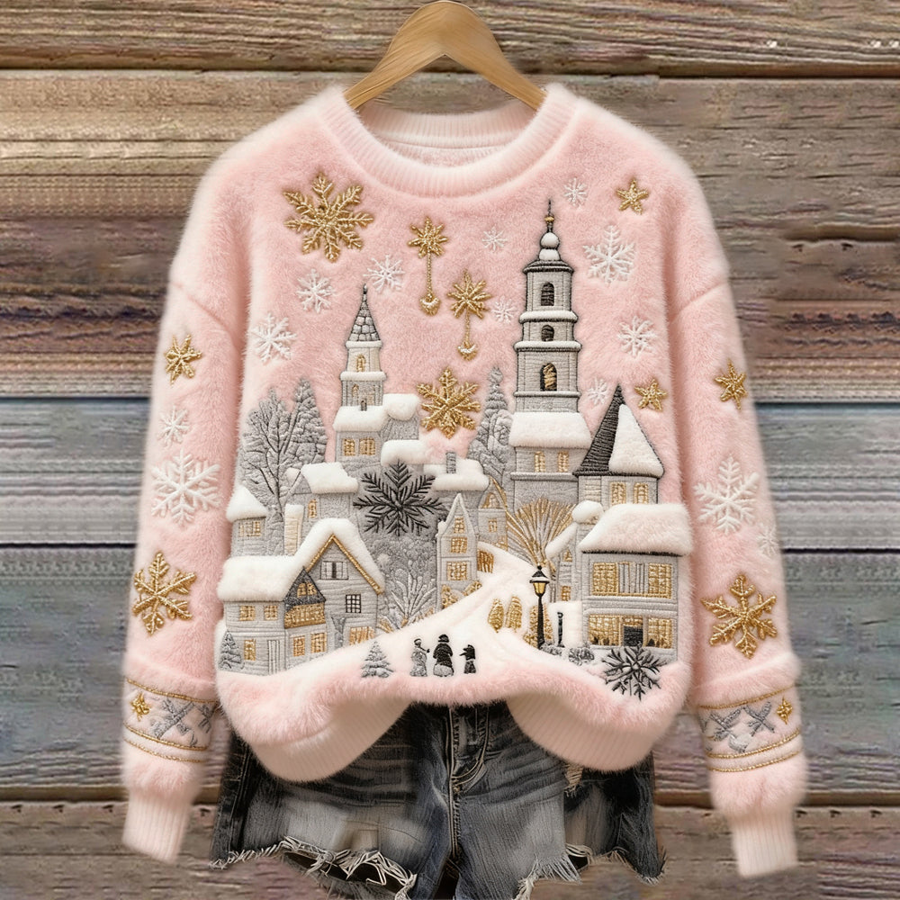 Comstylish Christmas Snow Scene Embroidery Women's Cozy Plush Sweater