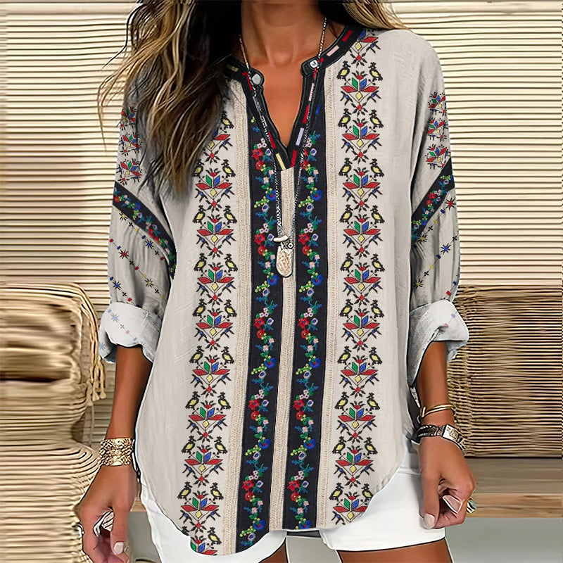 Comstylish Vintage Ethnic Floral Linen V-neck Women's Shirt