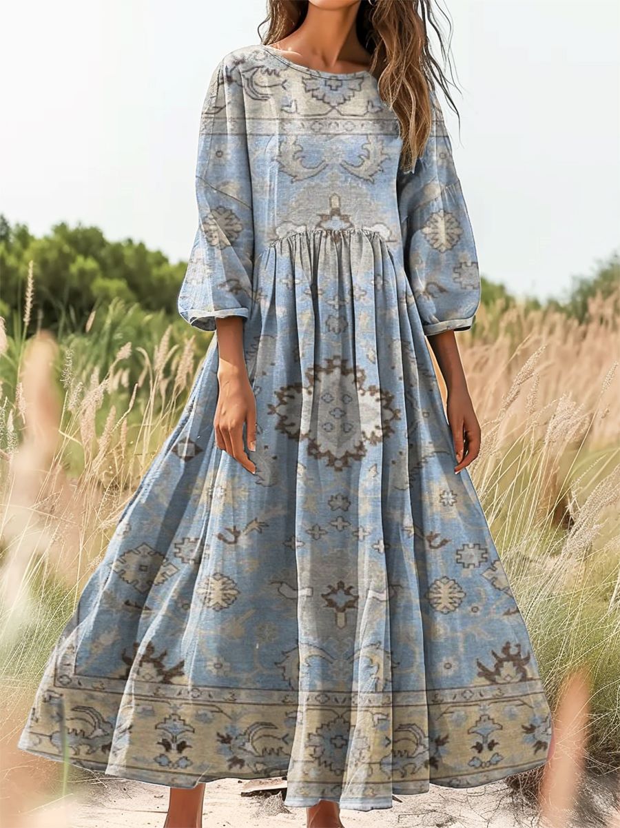 Women's Ethnic Tattoo Pattern Art Print Cotton Round Neck Dress