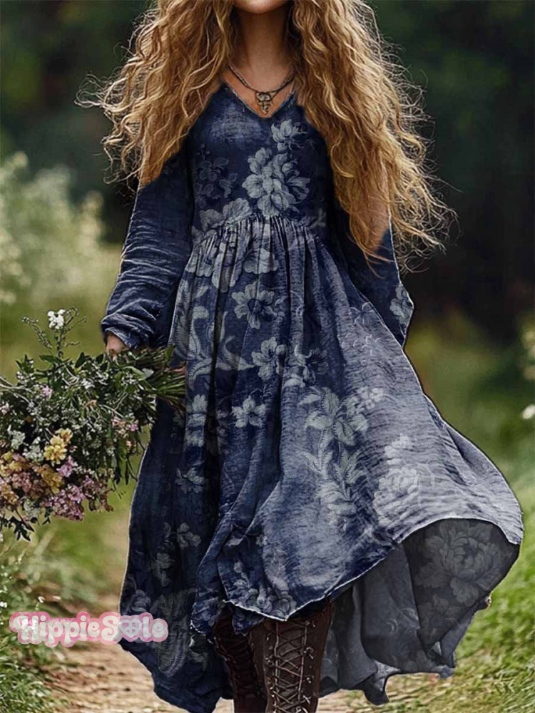 Women's Vintage Floral Print Casual V-Neck Pocket Cotton Dress