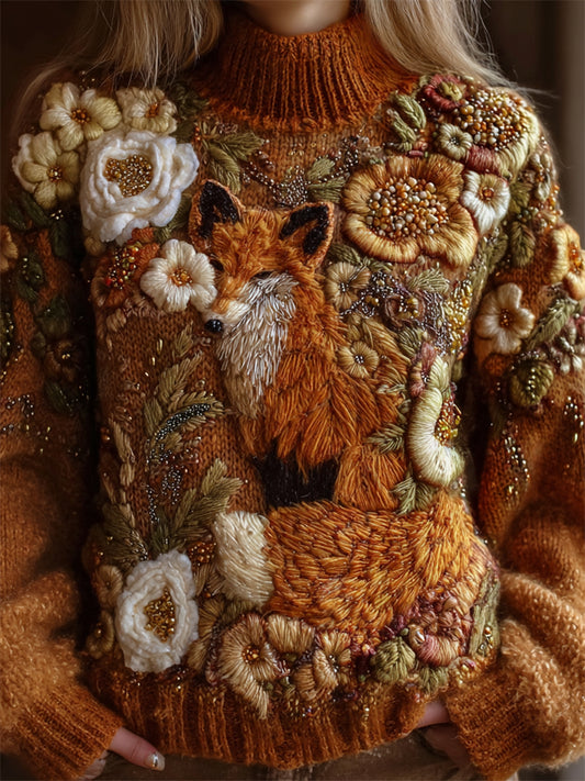 Fall Fox Floral Glitter Embroidered Turtleneck Cozy Knit Sweater elevenforest