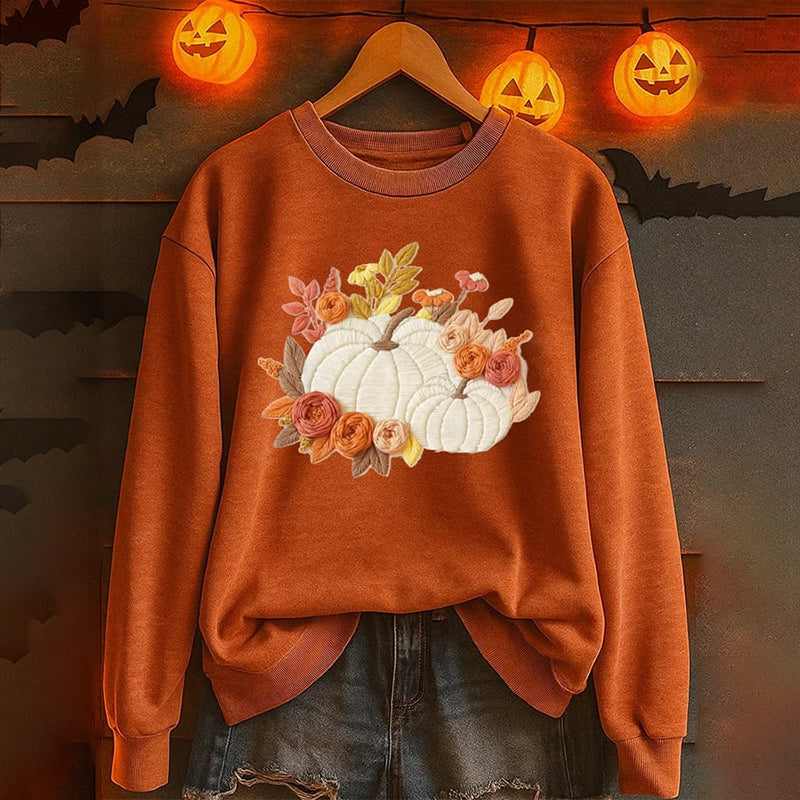 Women's Autumn Pumpkin Print Crew Neck Long Sleeve Sweatshirt artswardrobe