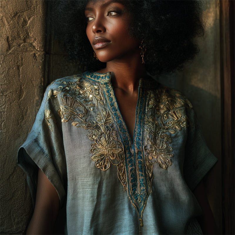 Ancient Egyptian Golden Floral Embroidered Flowy Linen Shirt artswardrobe