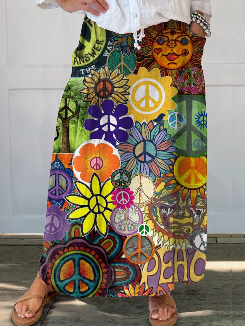 Women's Hippie Art Print Linen Pocket Skirt