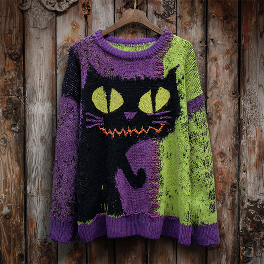 Halloween Cute Black Cat Color Blocking Women's Knitted Sweater artswardrobe