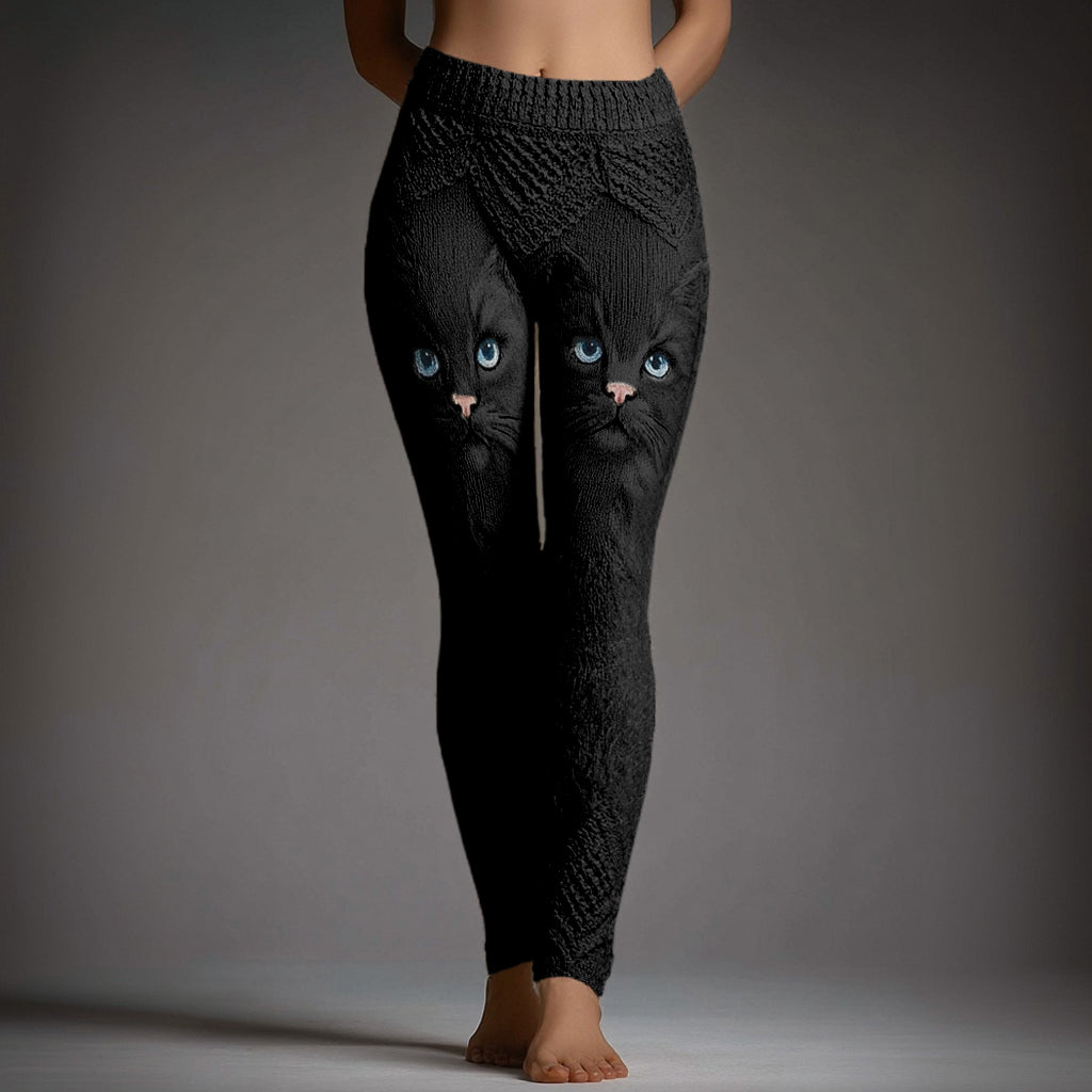Comstylish Cute Cat Face Embroidered Cozy Knit Leggings