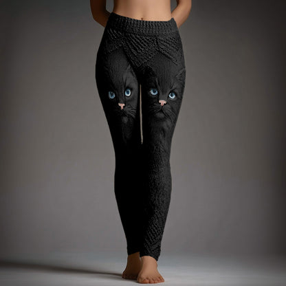 Comstylish Cute Cat Face Embroidered Cozy Knit Leggings